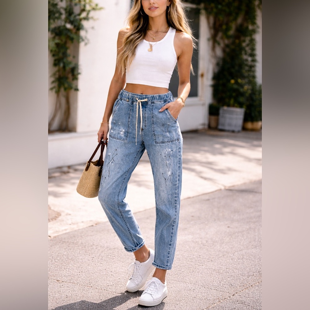 One Teaspoon Shabbies Drawstring Jeans Pacifica Wash L Relaxed Denim Jogger NWT